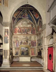 Die Bestätigung der Regel des Ordens des Heiligen Franziskus durch Papst Honorius III. und die Auferstehung eines Jungen, aus dem Lebenszyklus des Heiligen Franziskus, 1480-85 (Zentralwand)